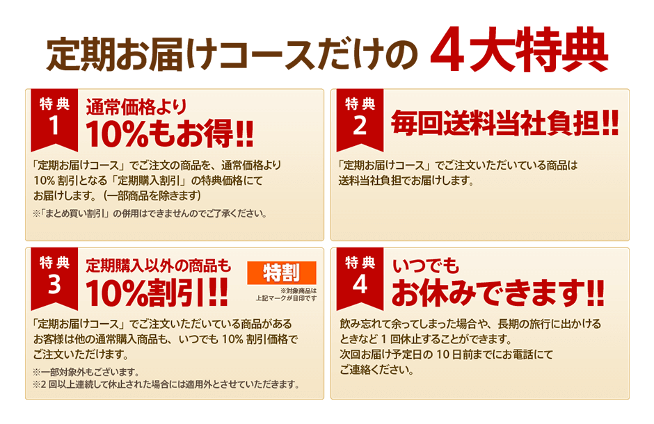 定期お届けコースだけの4大特典　特典１　通常価格より10％以上もお得！！　特典２　毎回送料無料！！　特典３　定期購入以外の商品も10％割引！！　特割　特典４　いつでもお休みできます！！