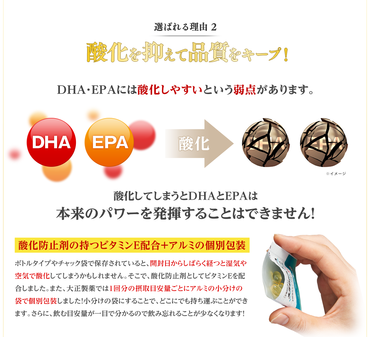 選ばれる理由 2 酸化を抑えて品質をキープ！ DHA・EPAには酸化しやすいという弱点があります。酸化してしまうとDHAとEPAは本来のパワーを発揮することはできません！酸化防止剤の持つビタミンE配合+アルミの個別包装 ボトルタイプやチャック袋で保存されていると、開封日からしばらく経つと湿気や空気で酸化してしまうかもしれません。そこで、酸化防止剤としてビタミンEを配合しました。また、大正製薬では1回分の摂取目安量ごとにアルミの小分けの袋で個別包装しました！小分けの袋にすることで、どこにでも持ち運ぶことができます。さらに、飲む目安量が一目で分かるので飲み忘れることが少なくなります！