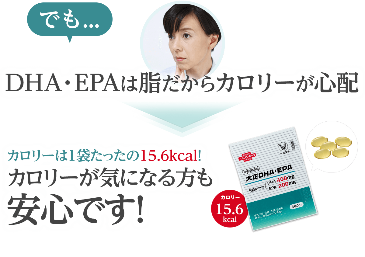 でも...DHA・EPAは脂だからカロリーが心配 カロリーは1袋たったの15.6kcal！カロリーが気になる方も安心です！
