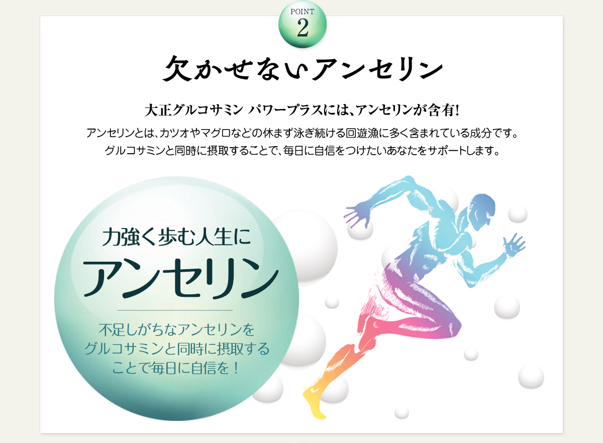 欠かせないアンセリン　大正グルコサミンパワープラスには、アンセリンが含有！