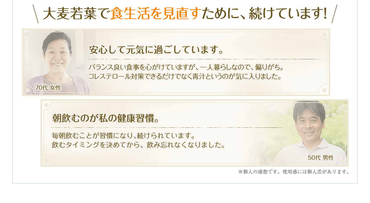 安心して元気に過ごしています。バランス良い食事を心がけていますが、一人暮らしなので偏りがち。コレステロール対策できるだけでなく青汁というのが気に入りました。朝飲むのが私の健康習慣。毎朝飲むことが習慣になり、続けられています。毎朝飲むことが習慣になり、続けられています。飲むタイミングを決めてから、飲み忘れなくなりました。