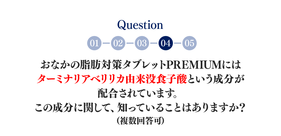 Question:おなかの脂肪対策タブレットPREMIUMにはターミナリアべリリカ(20.8mg)という成分が新しく追加されています。この成分に関して、知っていることはありますか?(複数回答可)