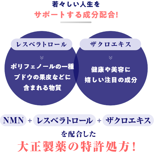 若々しい人生をサポートする成分配合!・レスベラトロール:ポリフェノールの一種。 ブドウの果皮などに 含まれる物質・ザクロエキス：健康や美容に 嬉しい注目の成分 NMN+レスベラトロール+ザクロエキスを配合した大正製薬の特許処方！