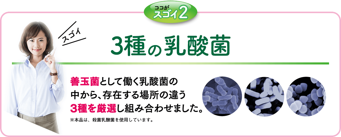 ココがスゴイ2 ３種の乳酸菌　善玉菌として働く乳酸菌の中から、存在する場所の違う3種を厳選し組み合わせました。　ビフィズス菌 赤ちゃんの腸由来大腸に多く存在する。　カゼイ菌 国産のお米由来小腸に多く存在する。　フェーカリス菌 ヒト由来の活性の強い菌EC-12を採用。小腸に多く存在する。　※本品は、殺菌乳酸菌を使用しています。