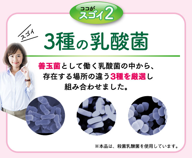ココがスゴイ2 ３種の乳酸菌　善玉菌として働く乳酸菌の中から、存在する場所の違う3種を厳選し組み合わせました。※本品は、殺菌乳酸菌を使用しています。