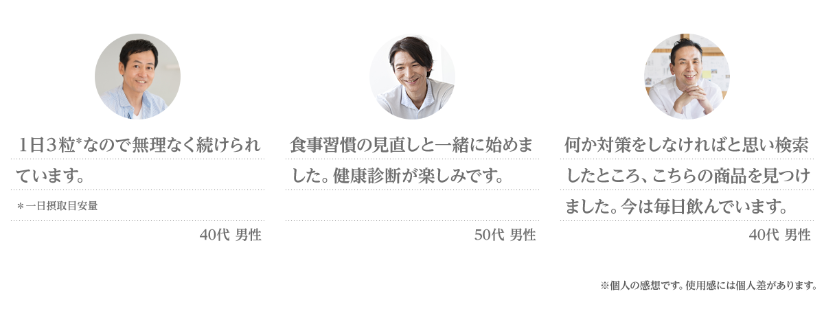 １日３粒*なので無理なく続けられています。＊一日摂取目安量40代男性 食事習慣の見直しと一緒に始めました。健康診断が楽しみです。50代男性 何か対策をしなければと思い検索したところ、こちらの商品を見つけました。今は毎日飲んでいます。40代男性 ※個人の感想です。使用感には個人差があります。