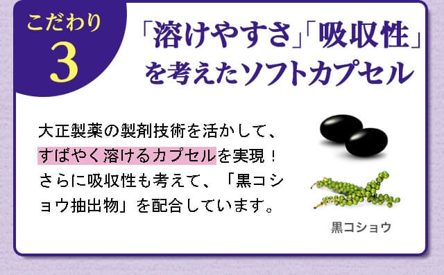 こだわり3 「溶けやすさ」「吸収性」を考えたソフトカプセル 大正製薬の製剤技術を活かして、すばやく溶けるカプセルを実現！さらに吸収性も考えて、「黒コショウ抽出物」を配合しています。