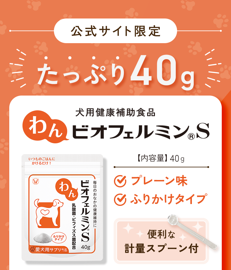 公式サイト限定 たっぷり40g 犬用健康補助食品 わんビオフェルミンS プレーン味 ふりかけタイプ 便利な計量スプーン付