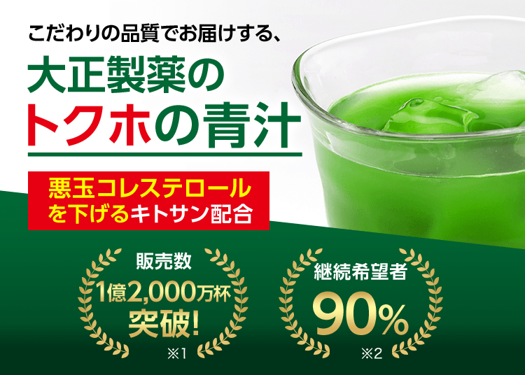 こだわりの品質でお届けする、大正製薬のトクホの青汁　悪玉コレステロールを下げるキトサン配合　販売数　1億2,000万杯突破! 継続希望者　90%