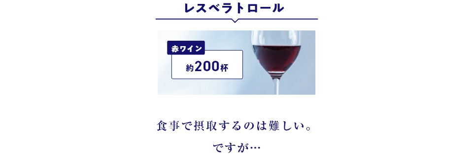 レスベラトロール:赤ワイン約200杯 食事で摂取するのは難しいですが、、