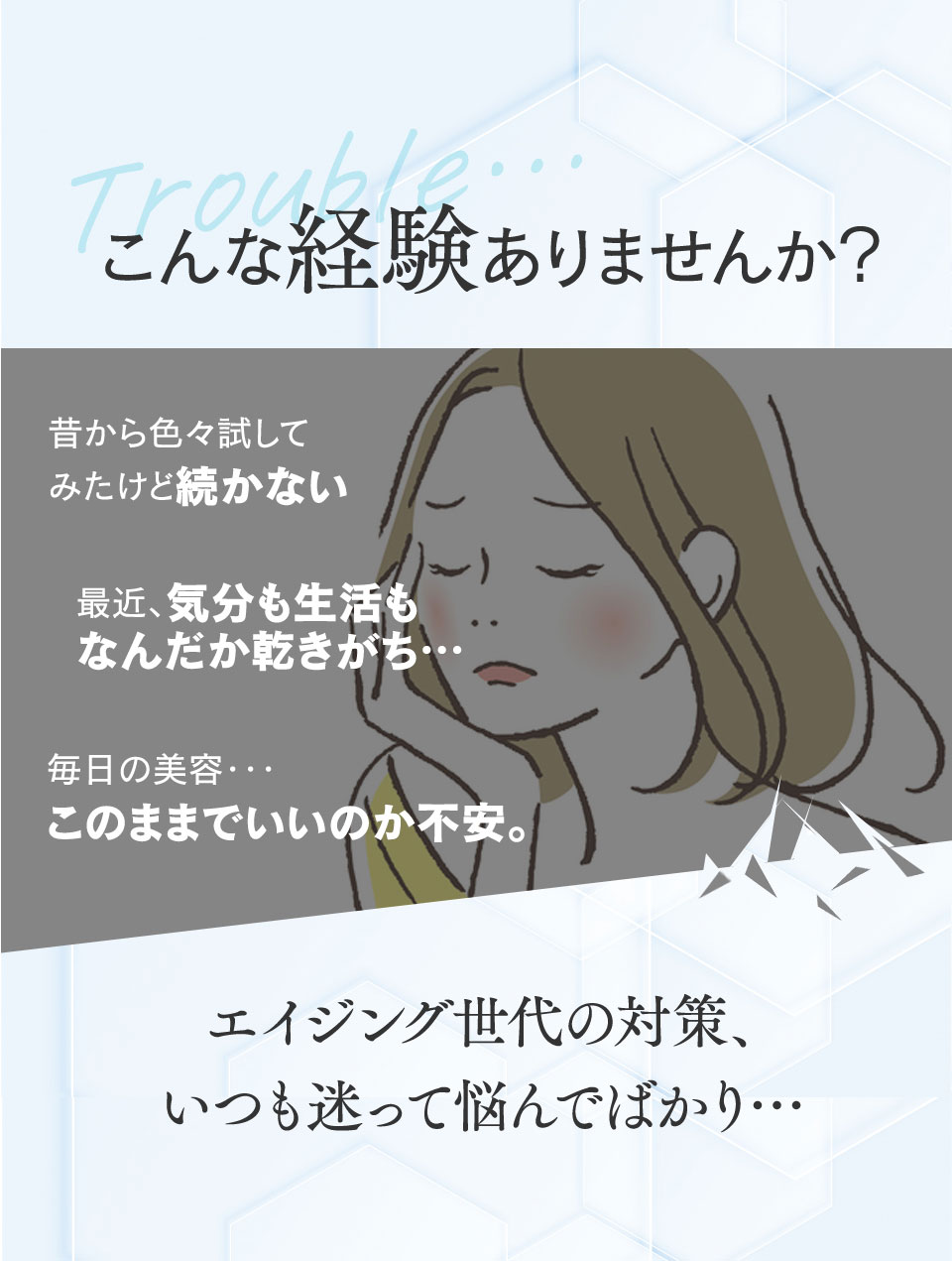 こんな経験ありませんか？昔からいろいろ試してみたけど続かない。最近気分も生活もなんだか乾きがち。毎日の美容このままでいいのか不安。エイジング世代の対策、いつも迷って悩んでばかり…