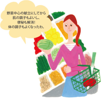 野菜中心の献立にしてから肌の調子もよいし、便秘も解消！体の調子もよくなったわ。