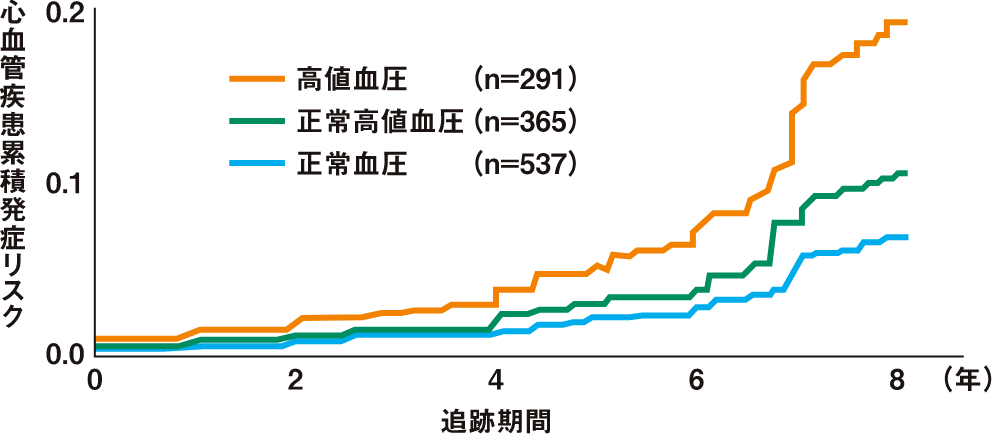 縦軸：心血管疾患累積発症リスク、横軸：追跡期間。
              正常高値（n=291）、正常血圧（n=365）、至適血圧（n=537）。
              年をおうごとに差が開いていく。