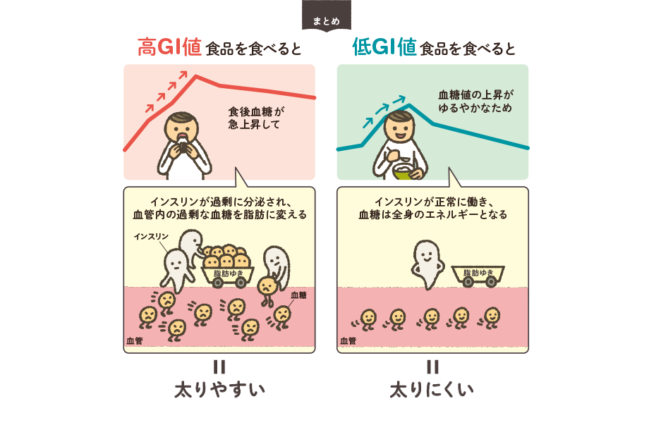 まとめ　高GI値食品を食べると…食後血糖値が上昇して、インスリンが過剰に分泌され、血管内の過剰な血糖を脂肪に変える＝太りやすい　底GI値食品を食べると…血糖値の上昇がゆるやかなため、インスリンが正常に働き、血糖は全身のエネルギーとなる＝太りにくい