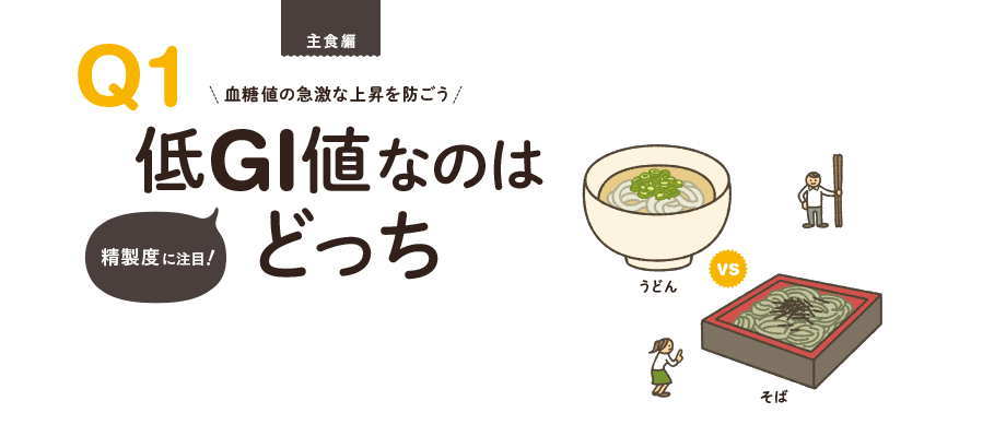 主食編　Q1.血糖値の急激な上昇を防ごう！低GI値なのはどっち？精製度に注目！「うどん VS そば」