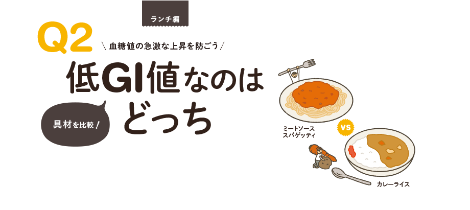 ランチ編　Q2.血糖値の急激な上昇を防ごう！低GI値なのはどっち？具材を比較！「ミートソーススパゲッティ VS カレーライス」