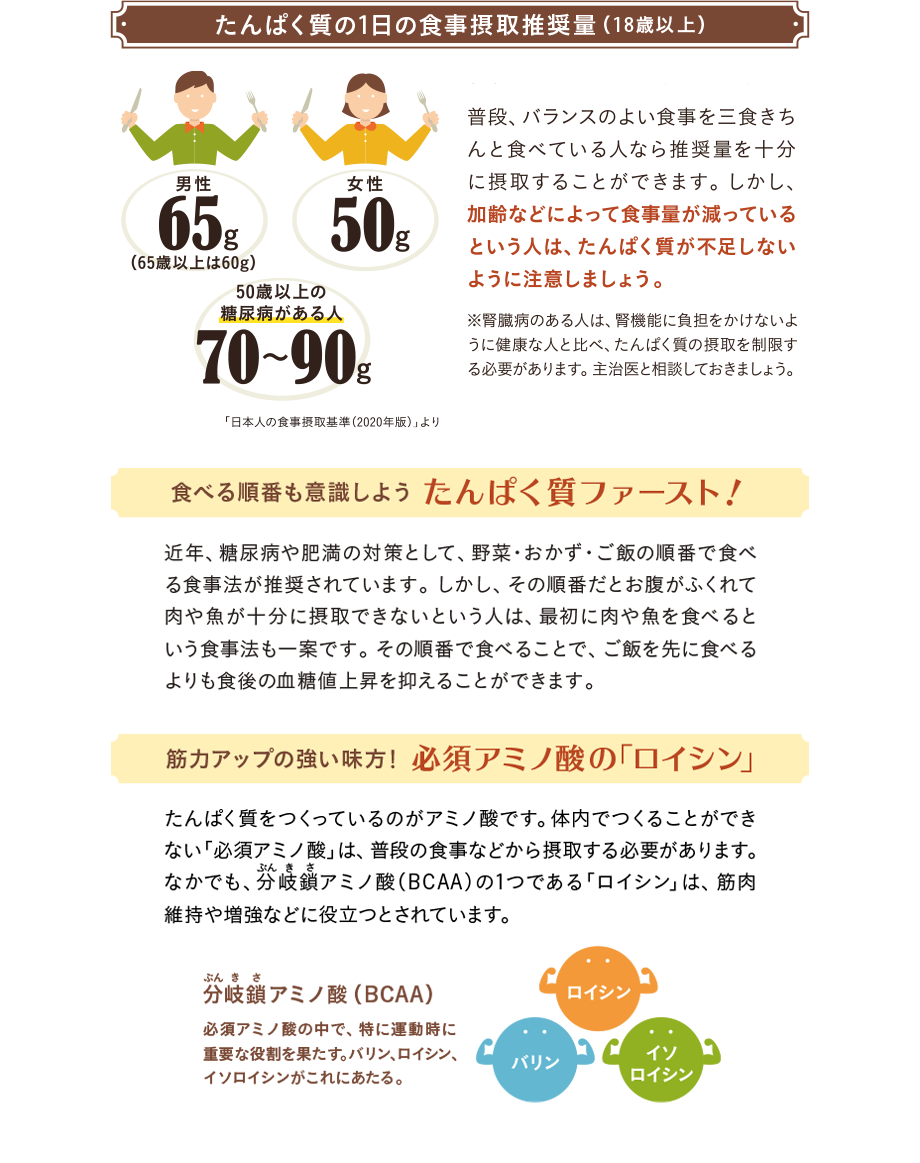 たんぱく質の1日の食事摂取推奨量（18歳以上）　男性60g・女性50g　日本人の食事摂取基準（2015年版）より　普段、バランスのよい食事を三食きちんと食べている人なら推奨量を十分に摂取することができます。しかし、加齢などによって食事量が減っているという人は、たんぱく質が不足しないように注意しましょう。※腎臓病の人は、腎機能に負担をかけないように健康な人と比べ、たんぱく質の摂取を制限する必要があります。主治医と相談しておきましょう。　食べる順番も意識しようたんぱく質ファースト！　近年、糖尿病や肥満の対策として、野菜・おかず・ご飯の順番で食べる食事法が推奨されています。しかし、その順番だとお腹がふくれて肉や魚が十分に摂取できないという人は、最初に肉や魚を食べるという食事法も一案です。その順番で食べることで、ご飯を先に食べるよりも食後の血糖値上昇を抑えることができます。　筋力アップの強い味方！必須アミノ酸の「ロイシン」　たんぱく質をつくっているのがアミノ酸です。体内でつくることができない「必須アミノ酸」は、普段の食事などから摂取する必要があります。なかでも、分岐鎖（ぶんきさ）アミノ酸（BCAA）の1つである「ロイシン」は、筋肉維持や増強などに役立つとされています。　分岐鎖アミノ酸（BCAA）…必須アミノ酸の中で、特に運動時に重要な役割を果たす。バリン、ロイシン、イソロイシンがこれにあたる。