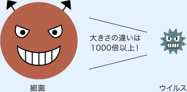 ウイルスに対して細菌の大きさの違いは1000倍以上！大きい