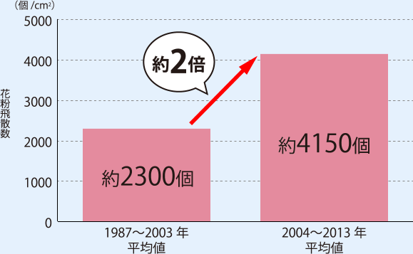 スギ花粉飛散数の変化　2004～2013年の平均飛散数は、1987～2003年と比較して約2倍に増加。