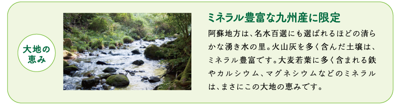 大地の恵み　ミネラル豊富な九州産に限定　阿蘇地方は、名水百選にも選ばれるほどの清らかな湧き水の里。火山灰を多く含んだ土壌は、ミネラル豊富です。大麦若葉に多く含まれる鉄やカルシウム、マグネシウムなどのミネラルは、まさにこの大地の恵みです。