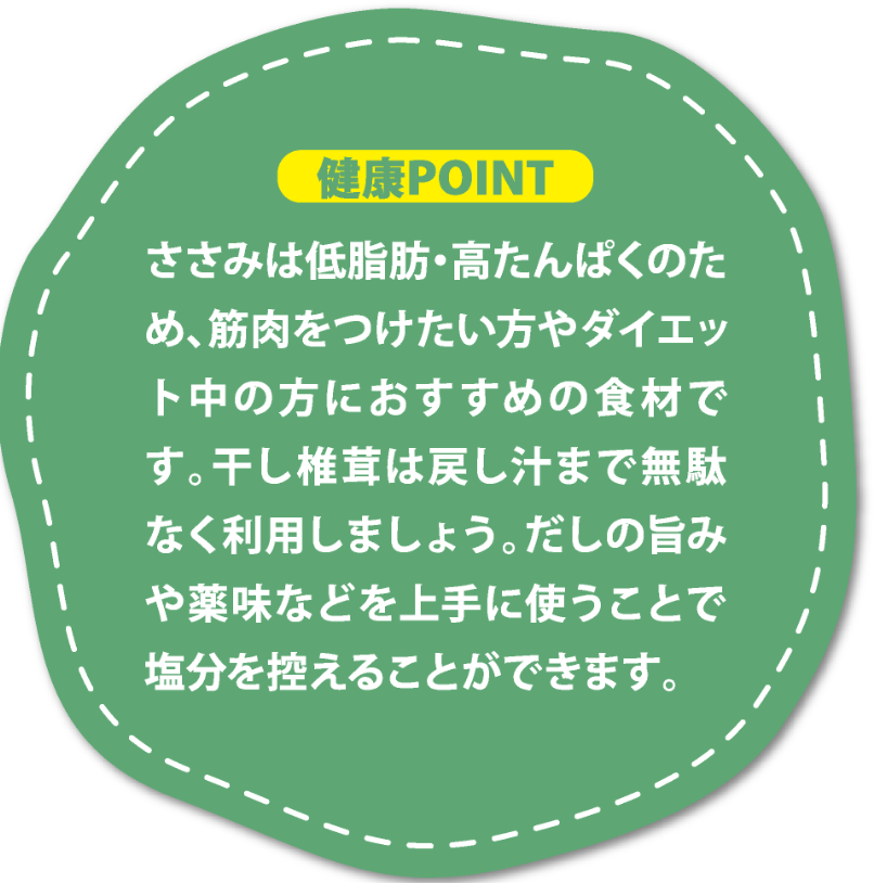 ささみは低脂肪・高たんぱくのため、筋肉をつけたい方やダイエット中の方におすすめの食材です。干し椎茸は戻し汁まで無駄なく利用しましょう。だしの旨みや薬味などを上手に使うことで塩分を控えることができます。