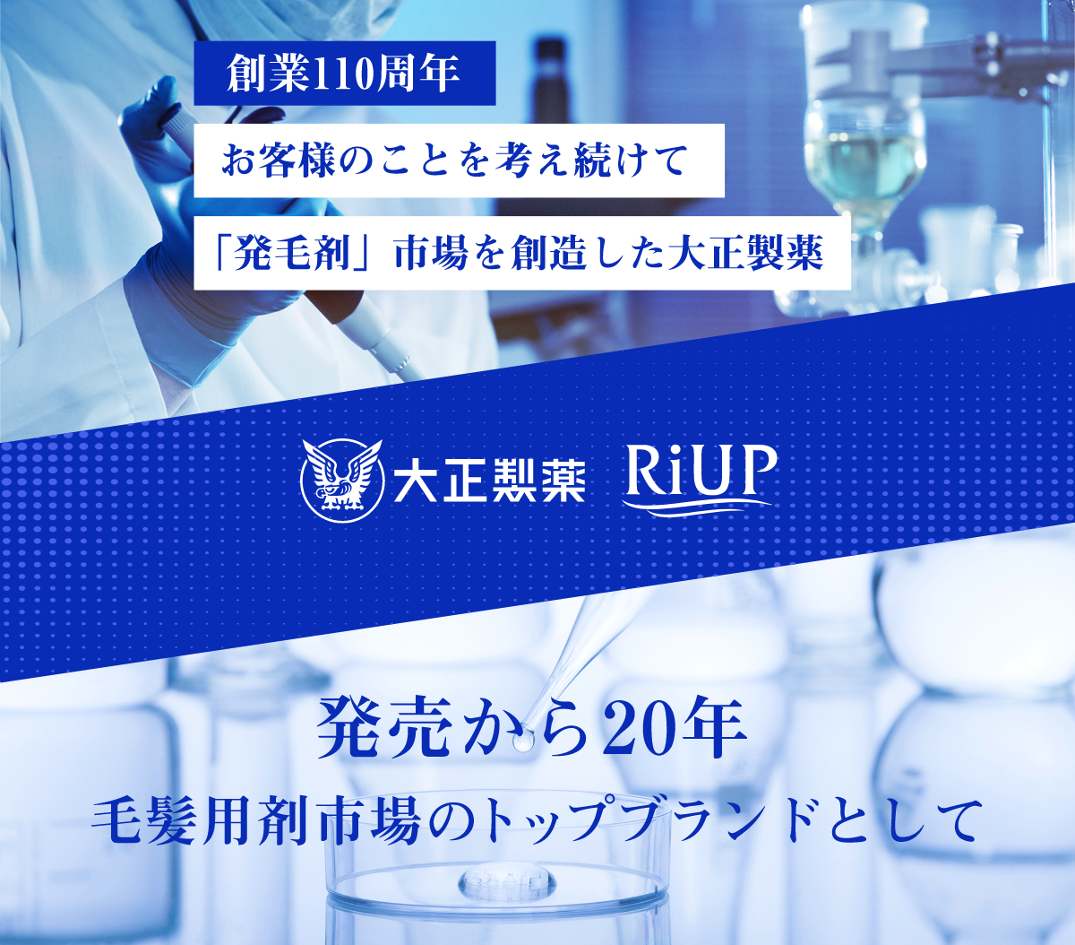 創業110周年お客様のことを考え続けて「発毛剤」市場を創造した大正製薬 大正製薬 RiUP 発売から20年毛髪用剤市場のトップブランドとして