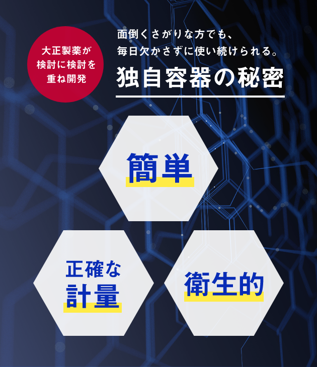 大正製薬が検討に検討を重ね開発 面倒くさがりな方でも、毎日欠かさずに使い続けられる。独自容器の秘密 簡単 正確な計量 衛生的