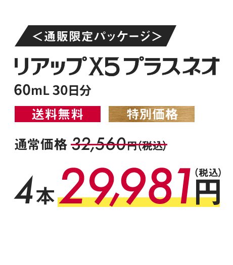 ＜通販限定パッケージ＞リアップX5プラスネオ60mL30日分 送料無料 通常料金 通常価格32,560円（税込） 4本29,981円（税込）