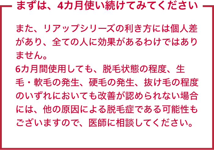 まずは、4カ月使い続けてみてください また、リアップシリーズの利き方には個人差があり、全ての人に効果があるわけではありません。6カ月間使用しても、脱毛状態の程度、生毛・軟毛の発生、硬毛の発生、抜け毛の程度のいずれにおいても改善が認められない場合には、他の原因による脱毛症である可能性もございますので、医師に相談してください。