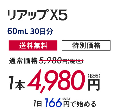 60mL／30日分／送料無料／特別価格／通常価格5,980円税込が1本4,980円税込／1日166円税込で始める