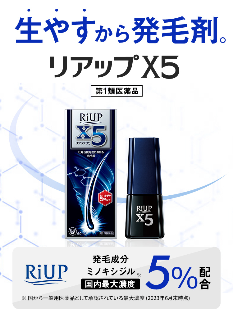 〈生やす〉から発毛剤／「リアップX5」／第1類医薬品／発毛成分「ミノキシジル」国内最大濃度5%配合