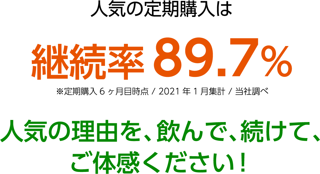 人気の定期購入は継続率89.7% ※定期購入6ヶ月目時点 / 2021年1月集計 / 当社調べ 人気の理由を、飲んで、続けて、ご体感ください!