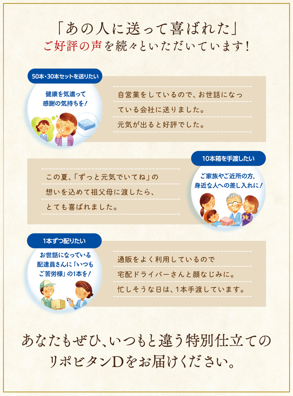 「あの人に送って喜ばれた」ご好評の声を続々といただいています!健康を気遣って今年1年の感謝を! 自営業をしているので、お世話になっている会社に送りました。元気が出ると好評でした。 10本箱を手渡したい ご家族やご近所の方、身近な人への差し入れに! この夏、「ずっと元気でいてね」の想いを込めて祖父母に手渡したら、とても喜ばれました。 1本ずつ配りたい お世話になっている配達員さんに「いつもご苦労さま」の1本を! 通販をよく利用しているので宅配ドライバーさんと顔なじみに。忙しそうな日は、1本手渡しています。ご注文された方全員への特典として次回もお得にご購入いただける「リポビタンD 特別ご優待券」ももらえます!さらに 今回の特別限定セットに入るリポビタンDには1本1本メッセージシール付き!