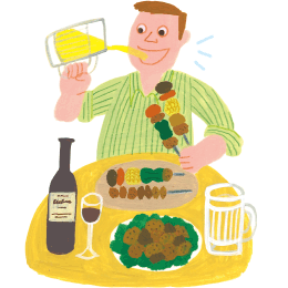 油モノを食べ、ビールを飲む男性　イラスト