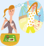 朝食を意識して夕食を食べる女性　イラスト