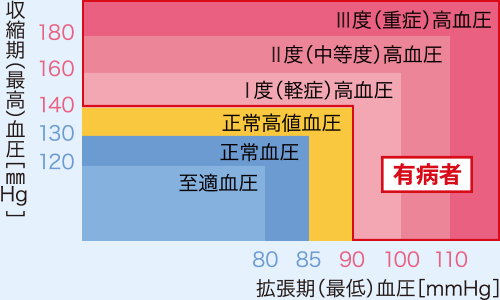 収縮期（最高）血圧が140mmHg以上、拡張期（最低）血圧が90mmHg以上の人は「高血圧」