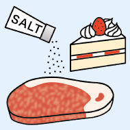 ケーキ、肉、塩