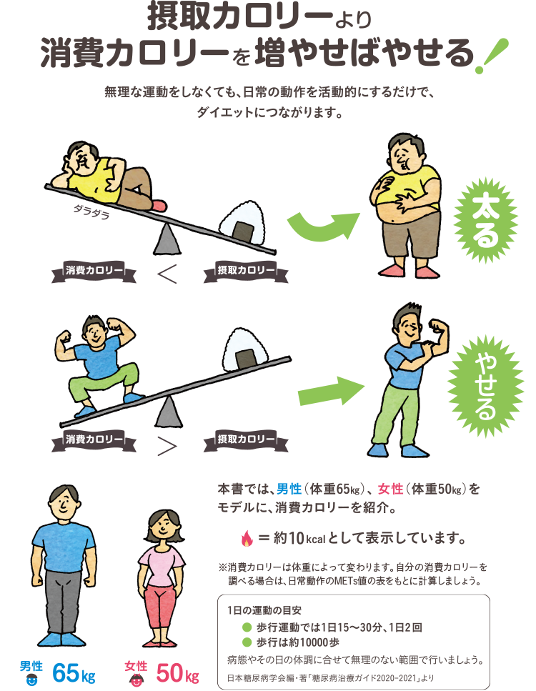摂取カロリーより消費カロリーを増やせばやせる！無理な運動をしなくても、日常の動作を活動的にするだけで、ダイエットにつながります。本書では、男性（体重65kg）、女性（体重50kg）をモデルに、消費カロリーを紹介。※消費カロリーは体重によって変わります。自分の消費カロリーを調べる場合は、P11の表をもとに計算しましょう。1日の運動の目安●歩行運動では1日15〜30分、1日2回●歩行は約10000歩●消費カロリーとしては、ほぼ160〜240kcal程度　病態やその日の体調に合せて無理のない範囲で行いましょう。日本糖尿病学会編・著「糖尿病治療ガイド2016-2017」より