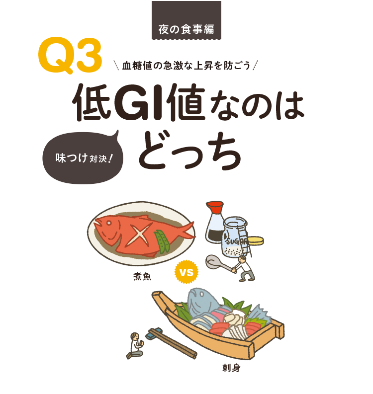 夜の食事編　Q3.血糖値の急激な上昇を防ごう！低GI値なのはどっち？味付け対決！「煮魚 VS 刺身」