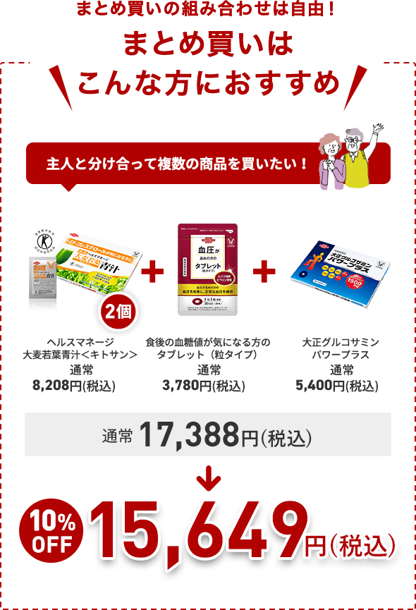 まとめ買いの組み合わせは自由!まとめ買いはこんな方におすすめ 主人と分け合って複数の商品を買いたい! ヘルスマネージ大麦若葉青汁<キトサン>通常(税込)8,208円 2個+食後の血糖値が気になる方のタブレット(粒タイプ) 通常(税込)3,780円+大正グルコサミンパワープラス 通常(税込)5,400円=通常17,388円(税込)→10%OFF 15,649円(税込)