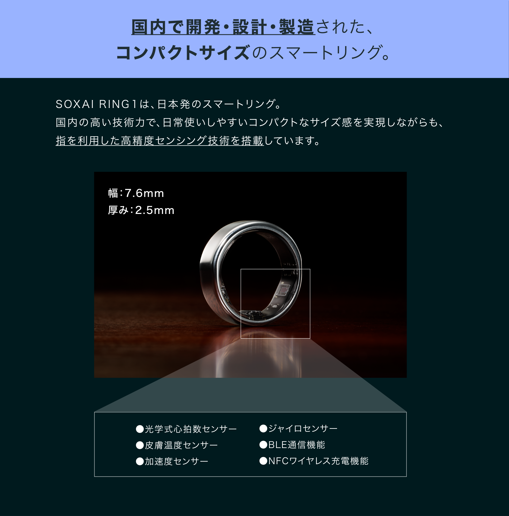 国内で開発・設計・製造された、コンパクトサイズのスマートリング。